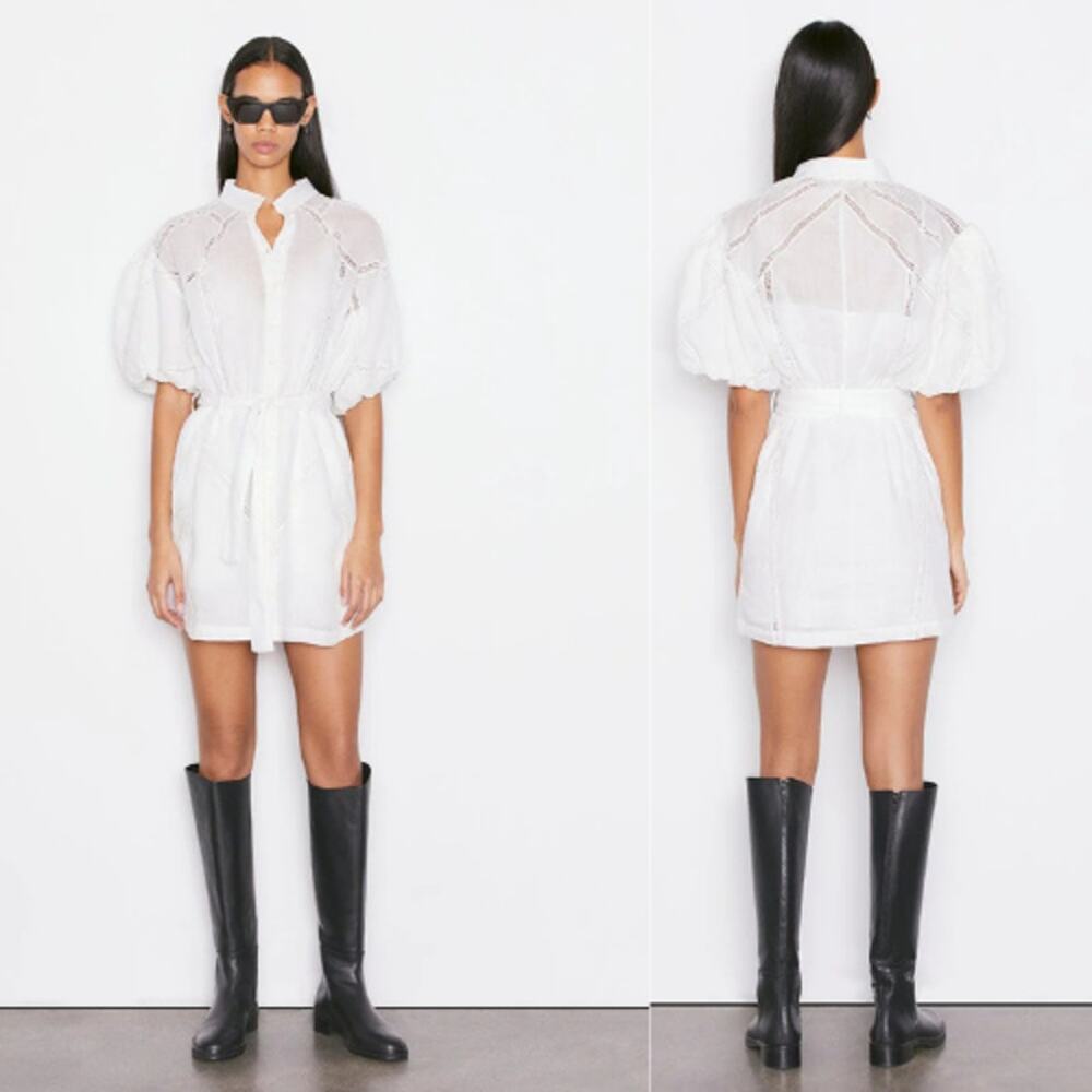 NWT Frame Inset Lace Puff Sleeve Button Front Dress White Blanc Size: Large
